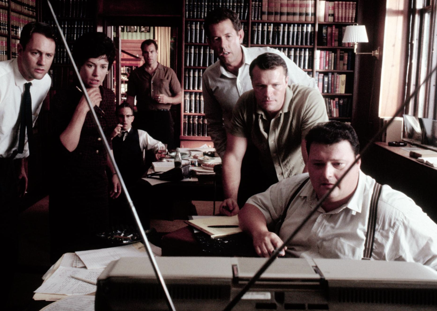 Kevin Costner, Wayne Knight, Gary Grubbs, Laurie Metcalf, Michael Rooker, and Jay O. Sanders in "JFK"