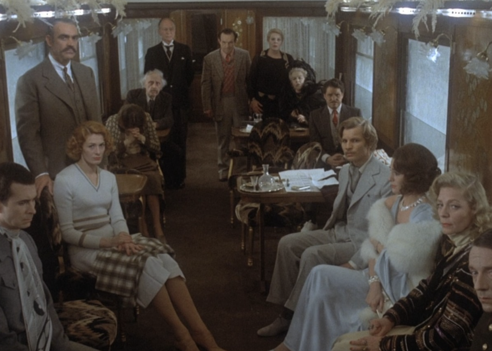 The cast of "Murder on the Orient Express" in a scene on a train