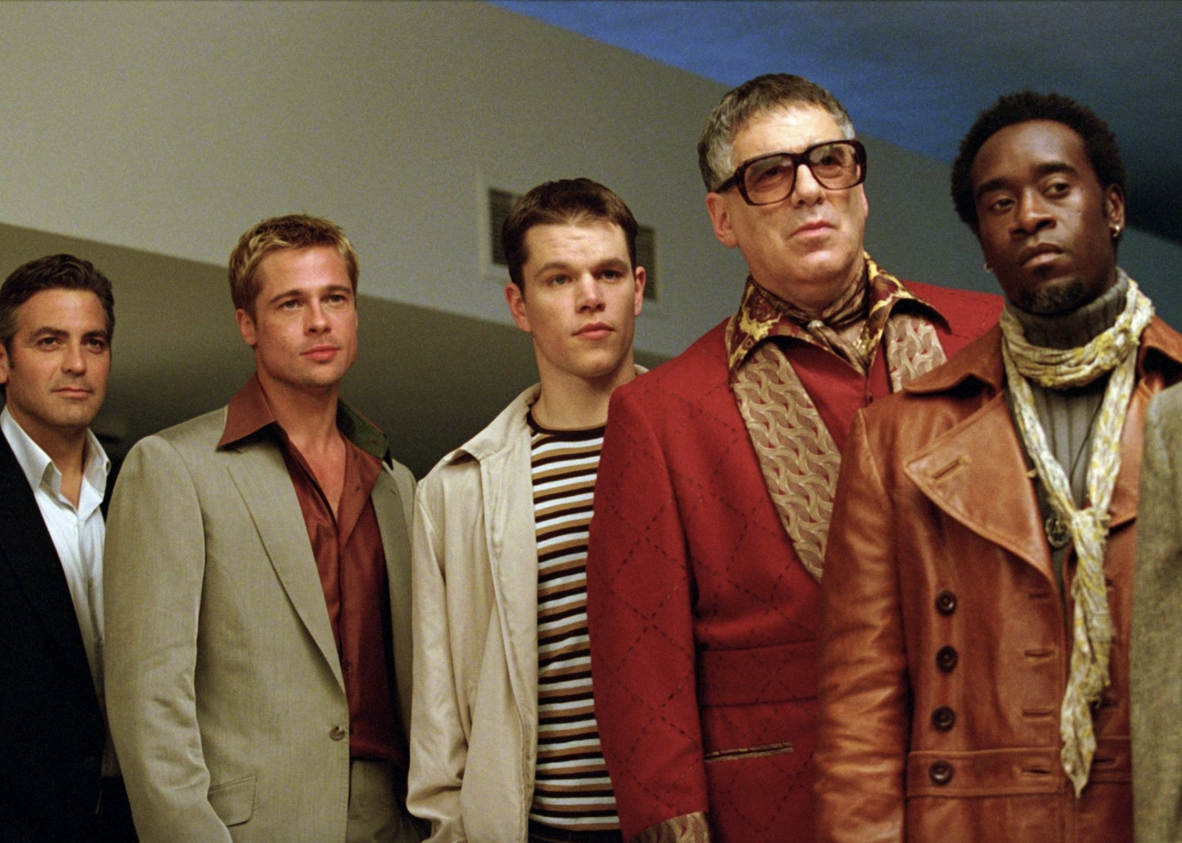 Brad Pitt, George Clooney, Don Cheadle, Matt Damon, and Elliott Gould in "Ocean's Eleven"