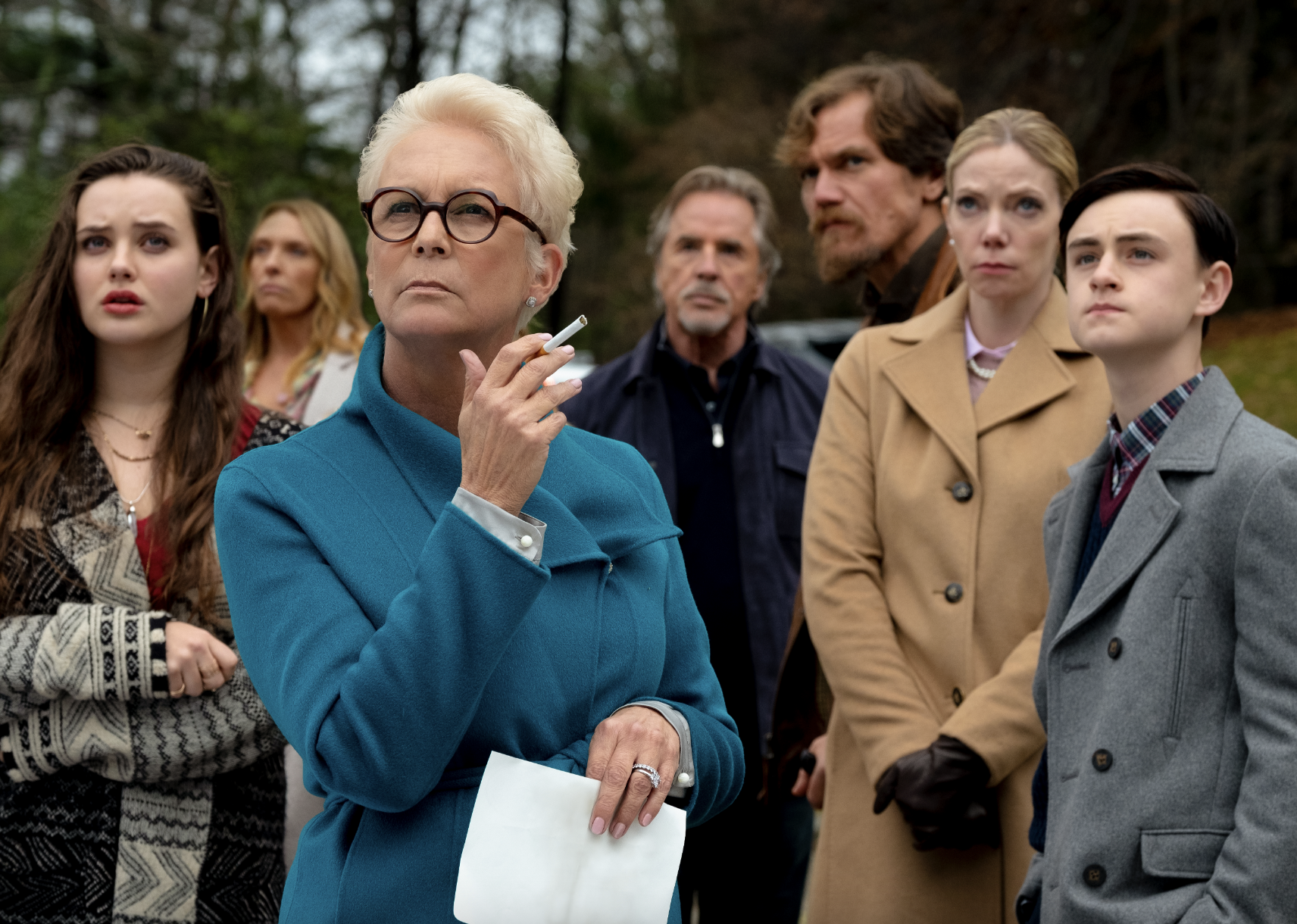 Jamie Lee Curtis, Don Johnson, Toni Collette, Michael Shannon, Riki Lindhome, Jaeden Martell, and Katherine Langford in "Knives Out"