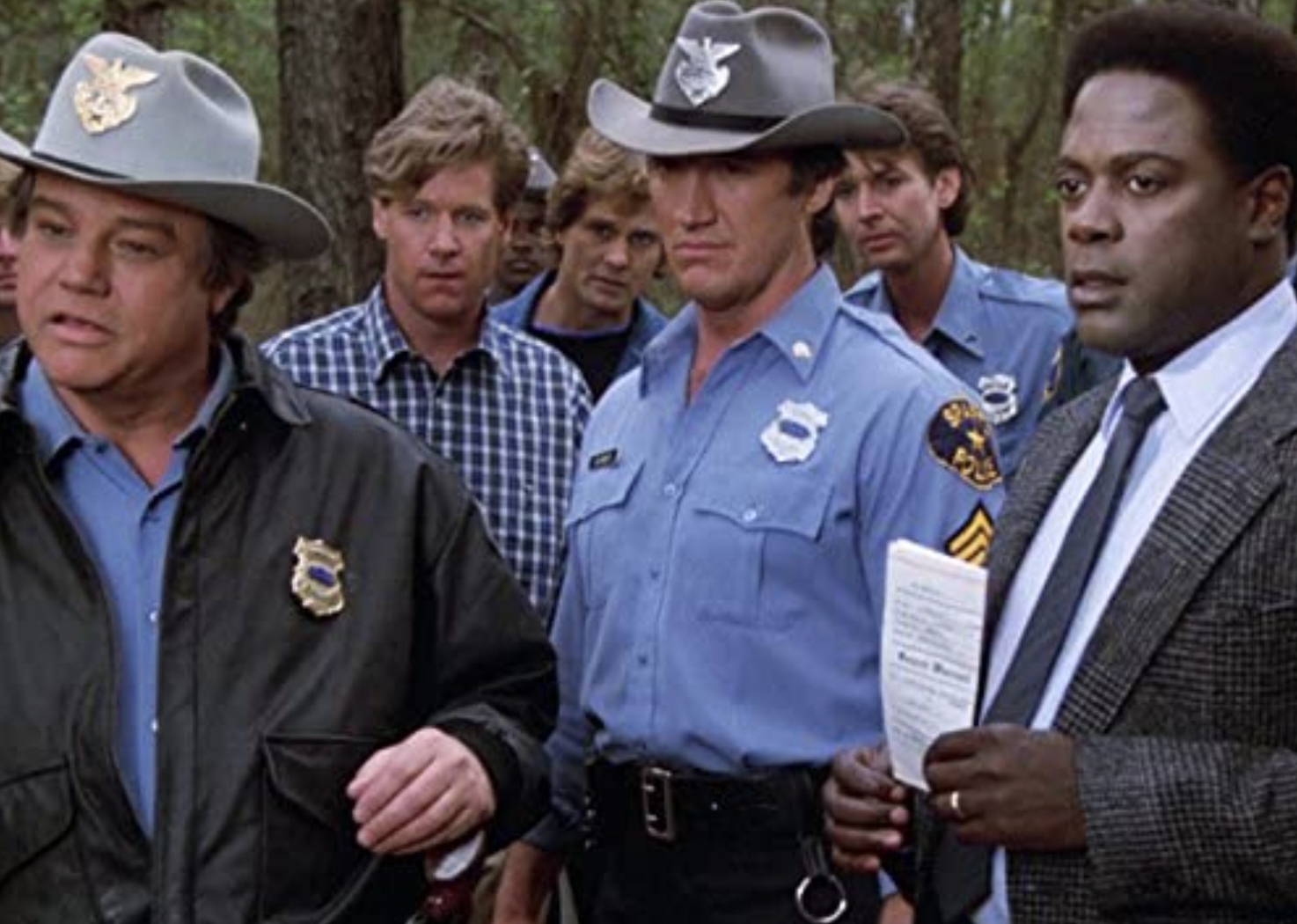Joe Don Baker, Alan Autry, Byron Cherry, Michael Horton, Hugh O'Connor, and Howard E. Rollins Jr. in "In the Heat of the Night"