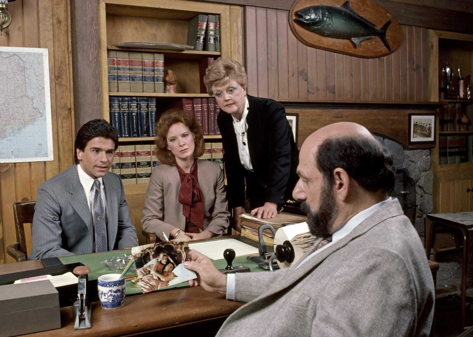 Angela Lansbury, Herschel Bernardi, Linda Kelsey, and Mark Shera in "Murder, She Wrote"