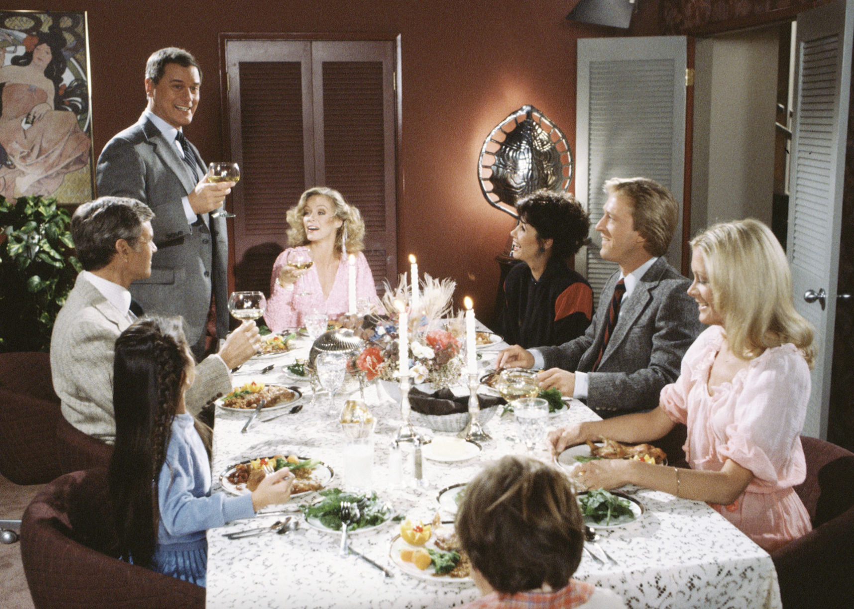 Larry Hagman, Donna Mills, Joan Van Ark, Tonya Crowe, Bobby Jacoby, Michele Lee, Don Murray, and Ted Shackelford in "Knots Landing"