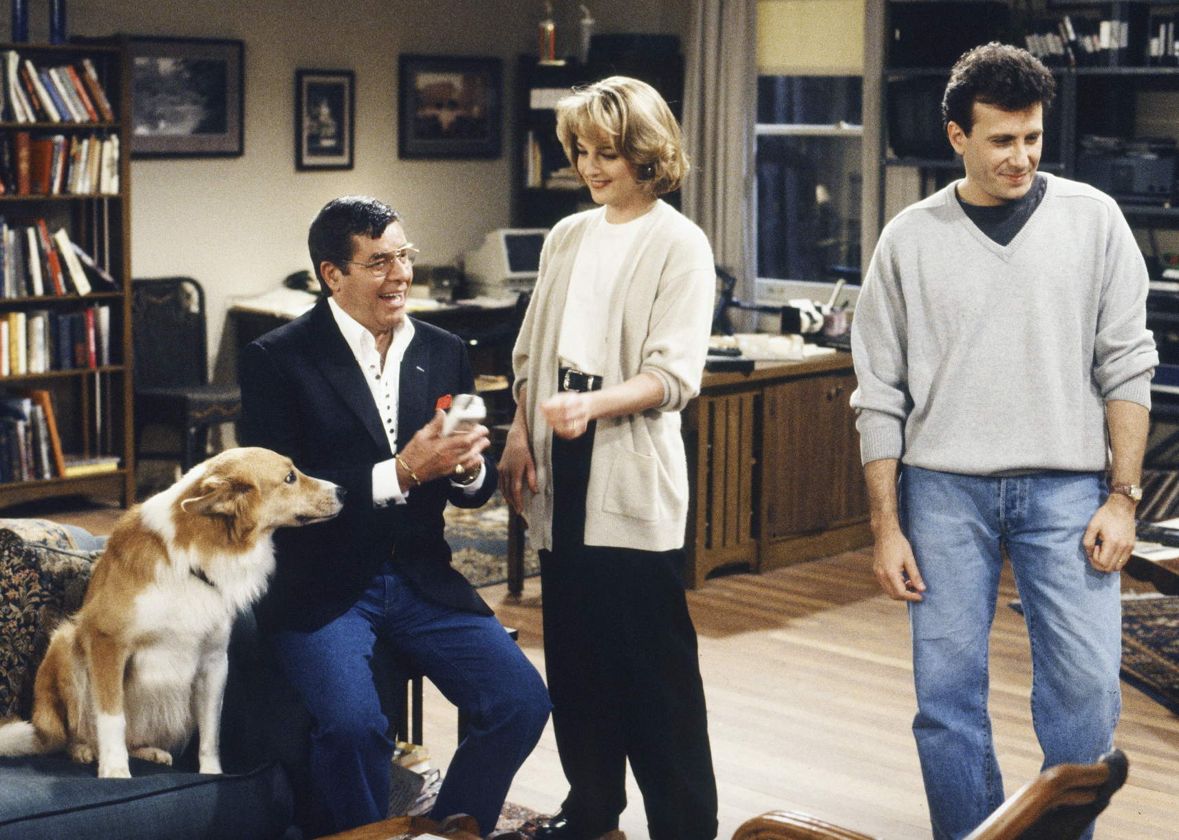 Helen Hunt, Jerry Lewis, Paul Reiser, and Maui in "Mad About You"
