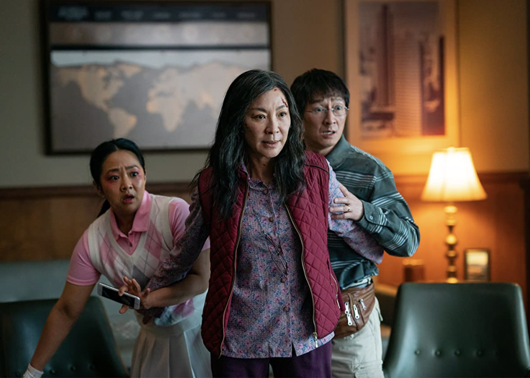 Michelle Yeoh, Ke Huy Quan, and Stephanie Hsu in "Everything Everywhere All at Once."