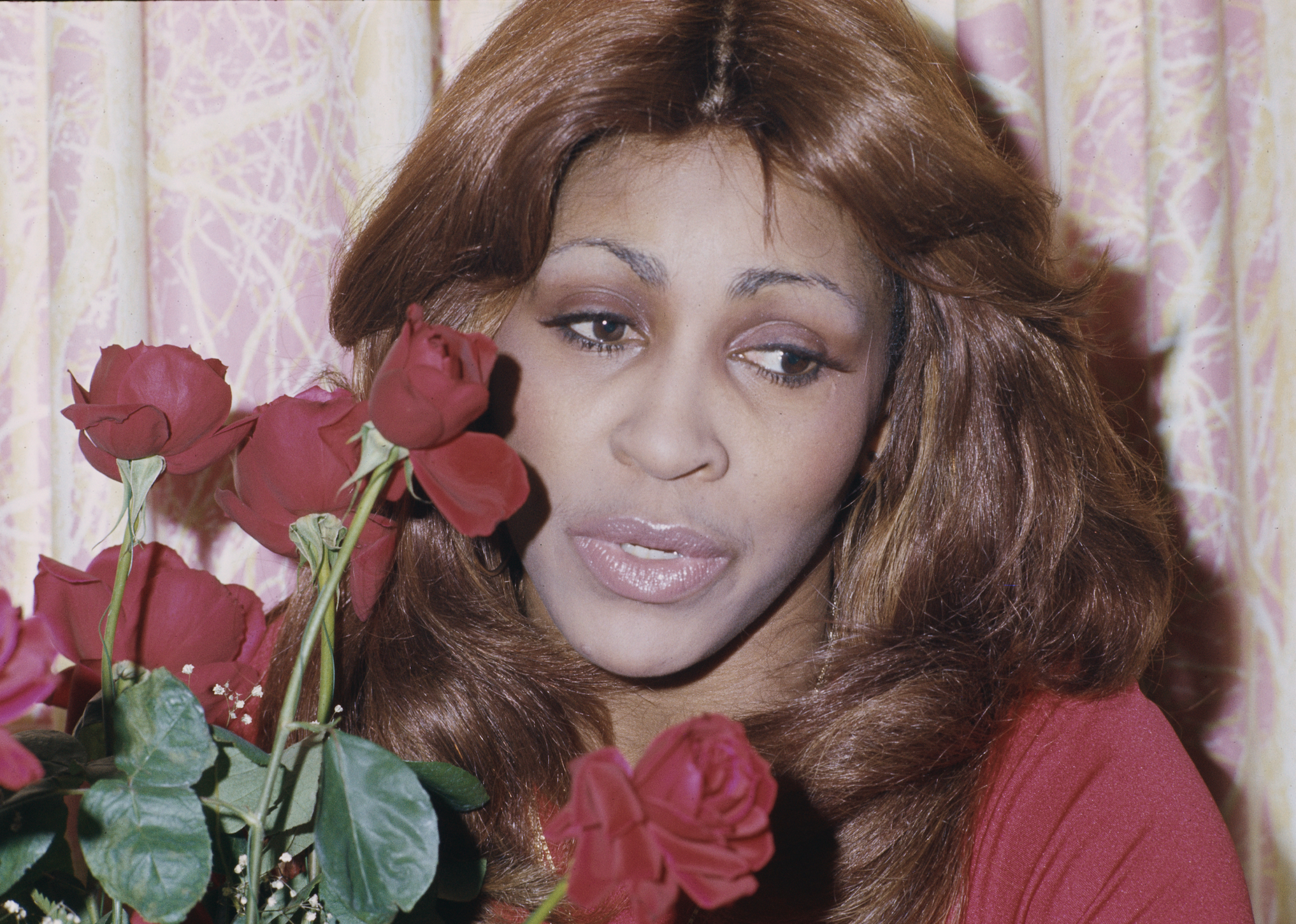 Tina Turner holding red roses.