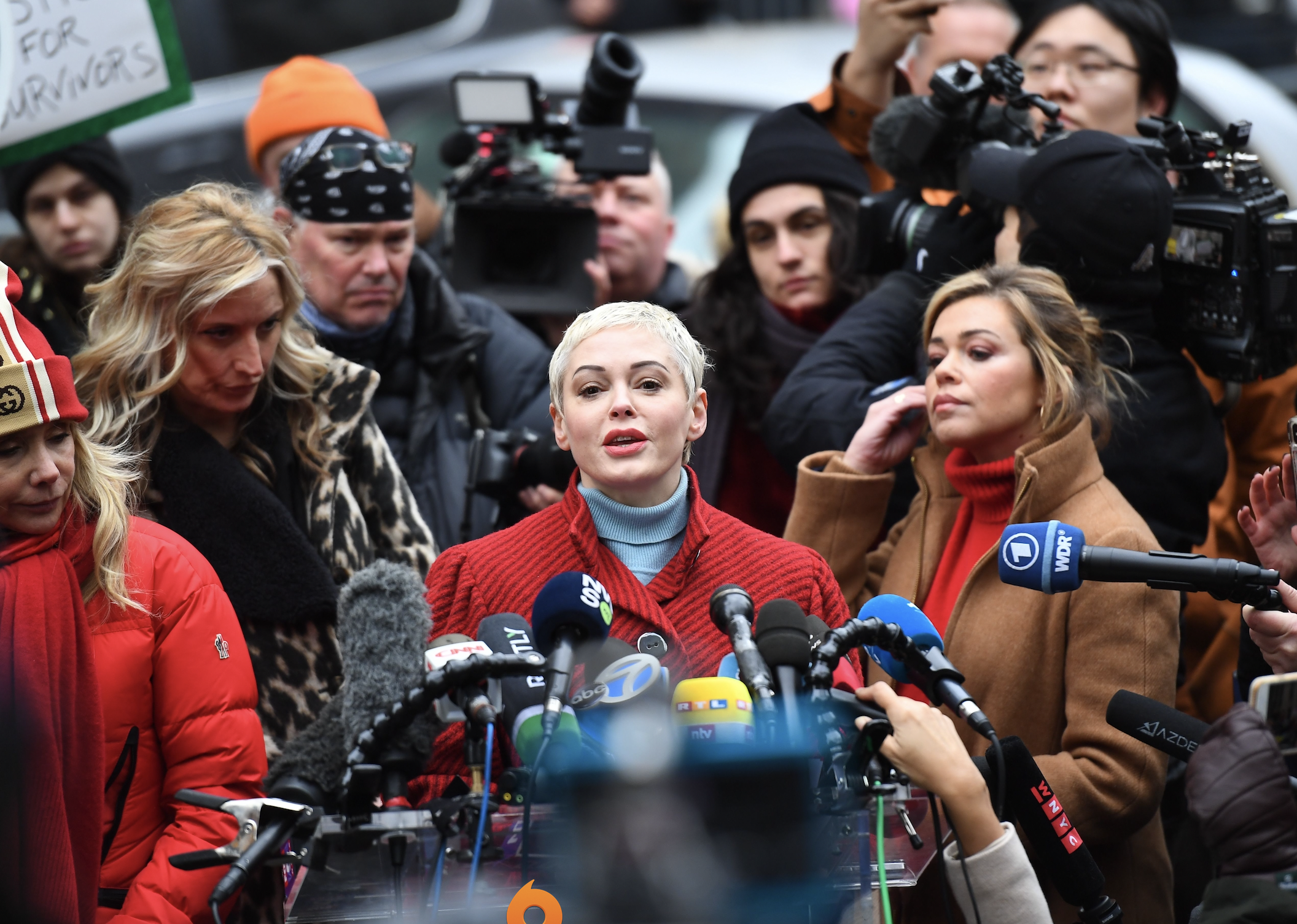 Actress Rose McGowan speaks during a press conference.