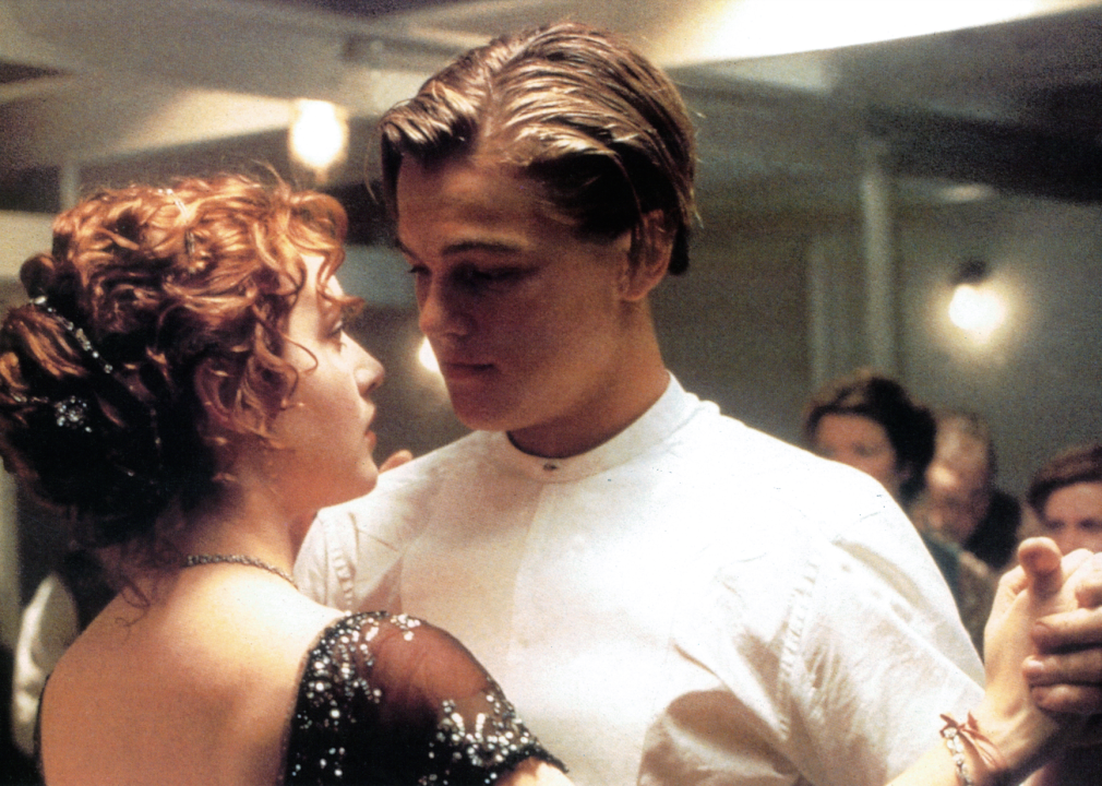 Kate Winslet and Leonardo DiCaprio dancing in a scene from the film 'Titanic'.