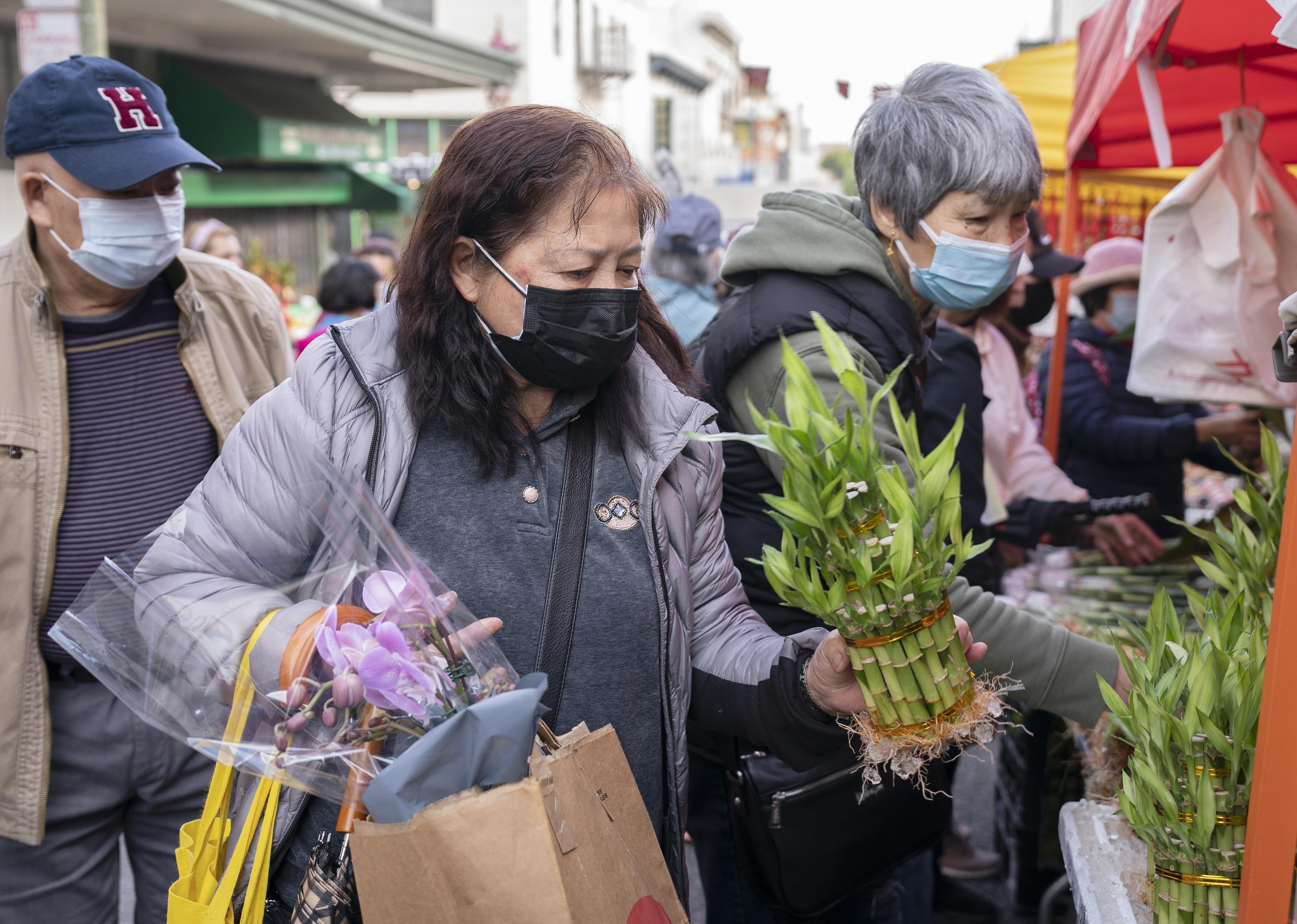 People wearing masks shopping for plants and flowers at an outdoor market.