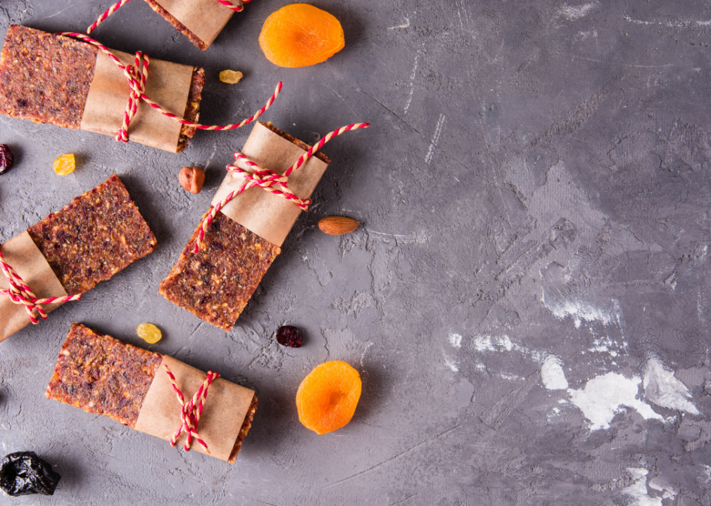 Fruit bars wrapped in brown paper with red ties.