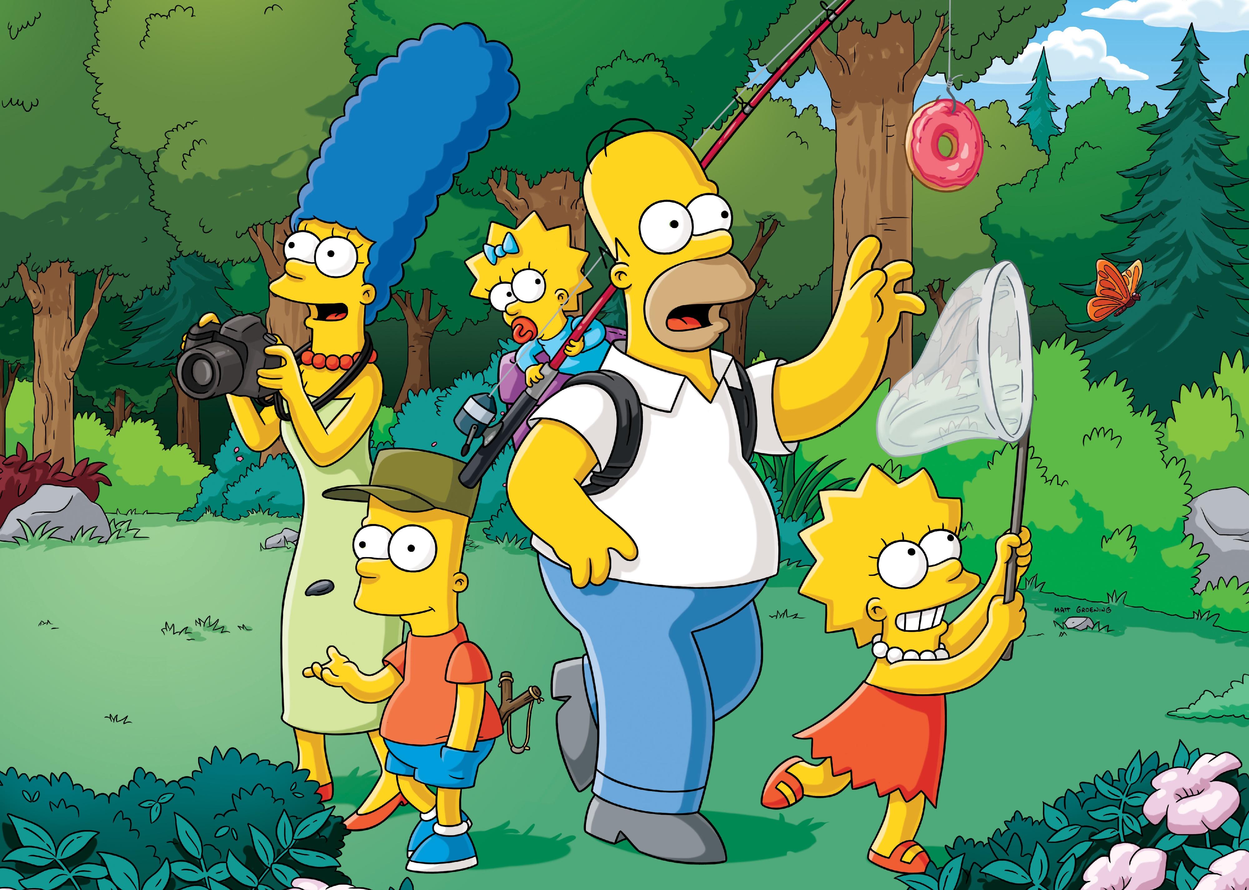 The Simpsons out in nature with baby Maggie holding a fishing pole dangling a donut in front of Homer and Lisa catching butterflies with a net.