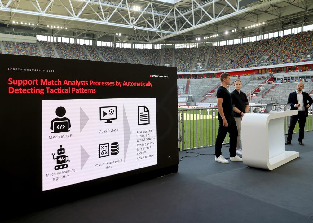Analysts introducing AI technology at a sports conference.