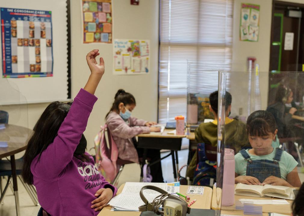A girl raises her hand in an elementary school classroom.
