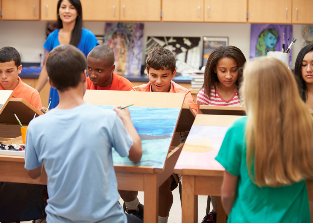 Students sit in an art class painting pictures.