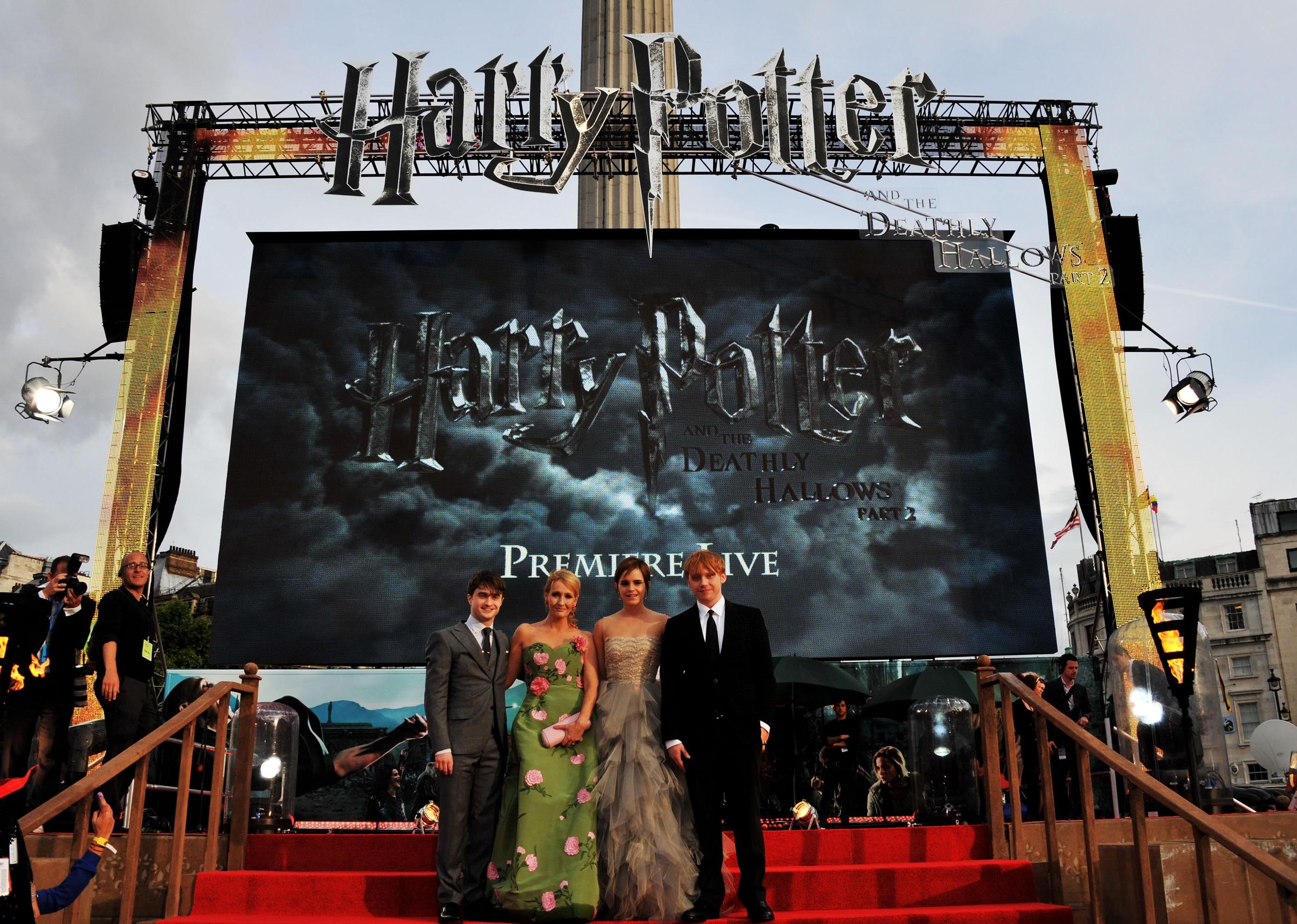 Daniel Radcliffe, J.K. Rowling, Emma Watson, and Rupert Grint attend the Harry Potter premiere.