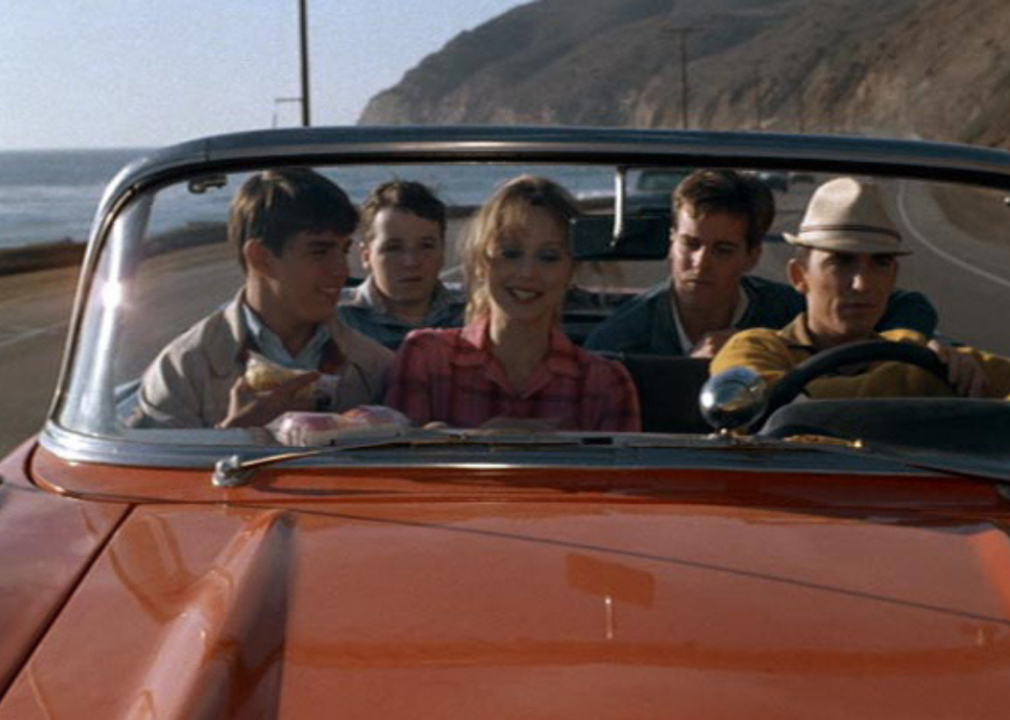 Young people riding in a convertible.