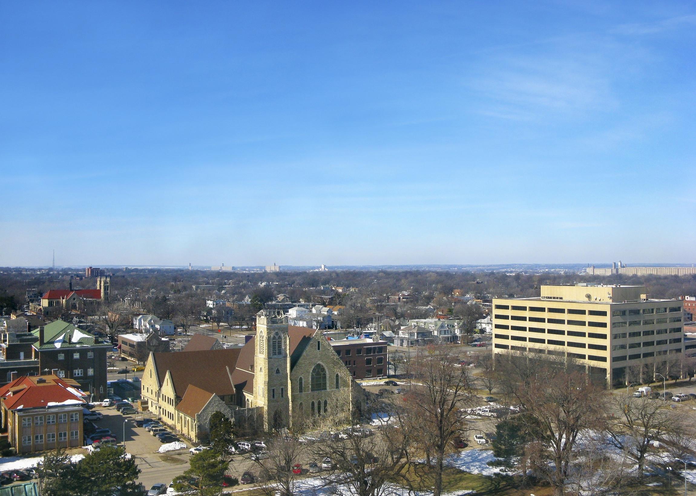 Aerial view of the historic First Presbyterian Church in Topeka, Kansas.