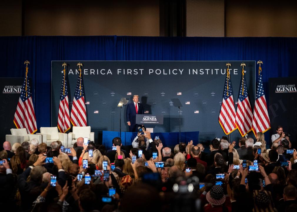 Trump speaking at an America First event.