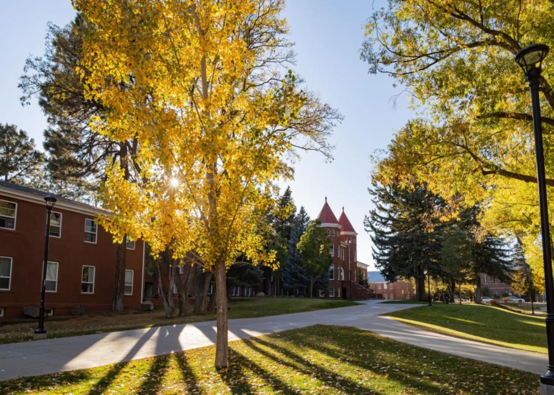 Historic red brick buildings and fall leaves.