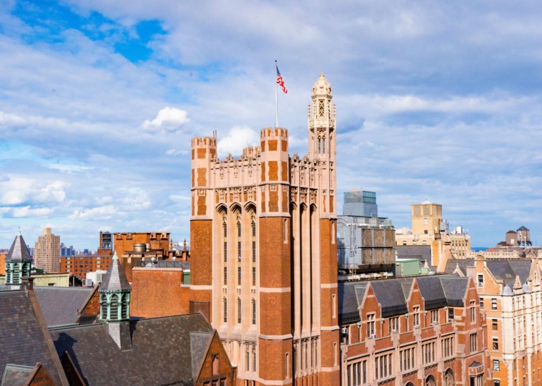 Historic red brick buildings over downtown.