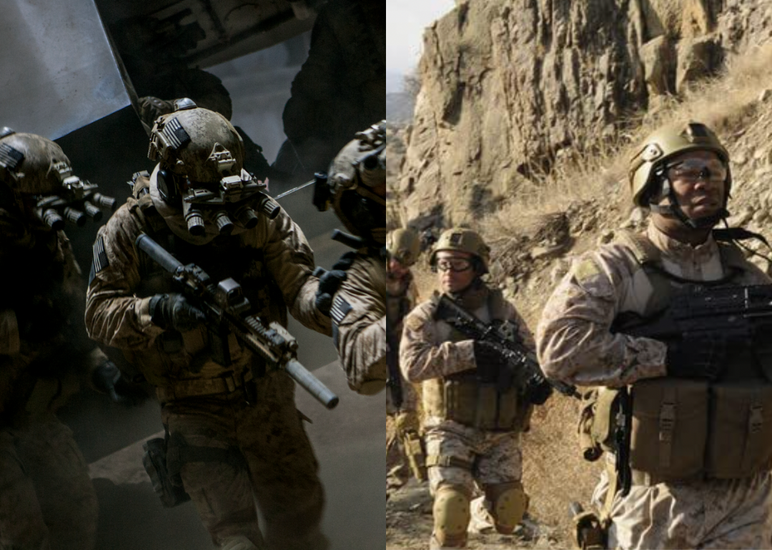 Split screen of scenes from 'Zero Dark Thirty' and 'Seal Team Six: The Raid on Osama Bin Laden'