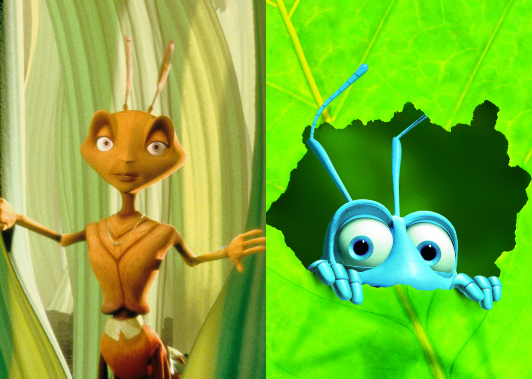 Split screen of scenes from 'Antz' and 'A Bug's Life' 