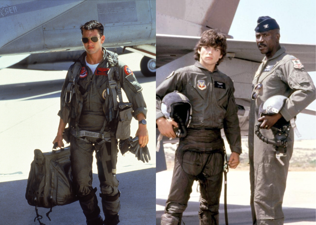 Split screen of scenes from 'Top Gun' and 'Iron Eagle'