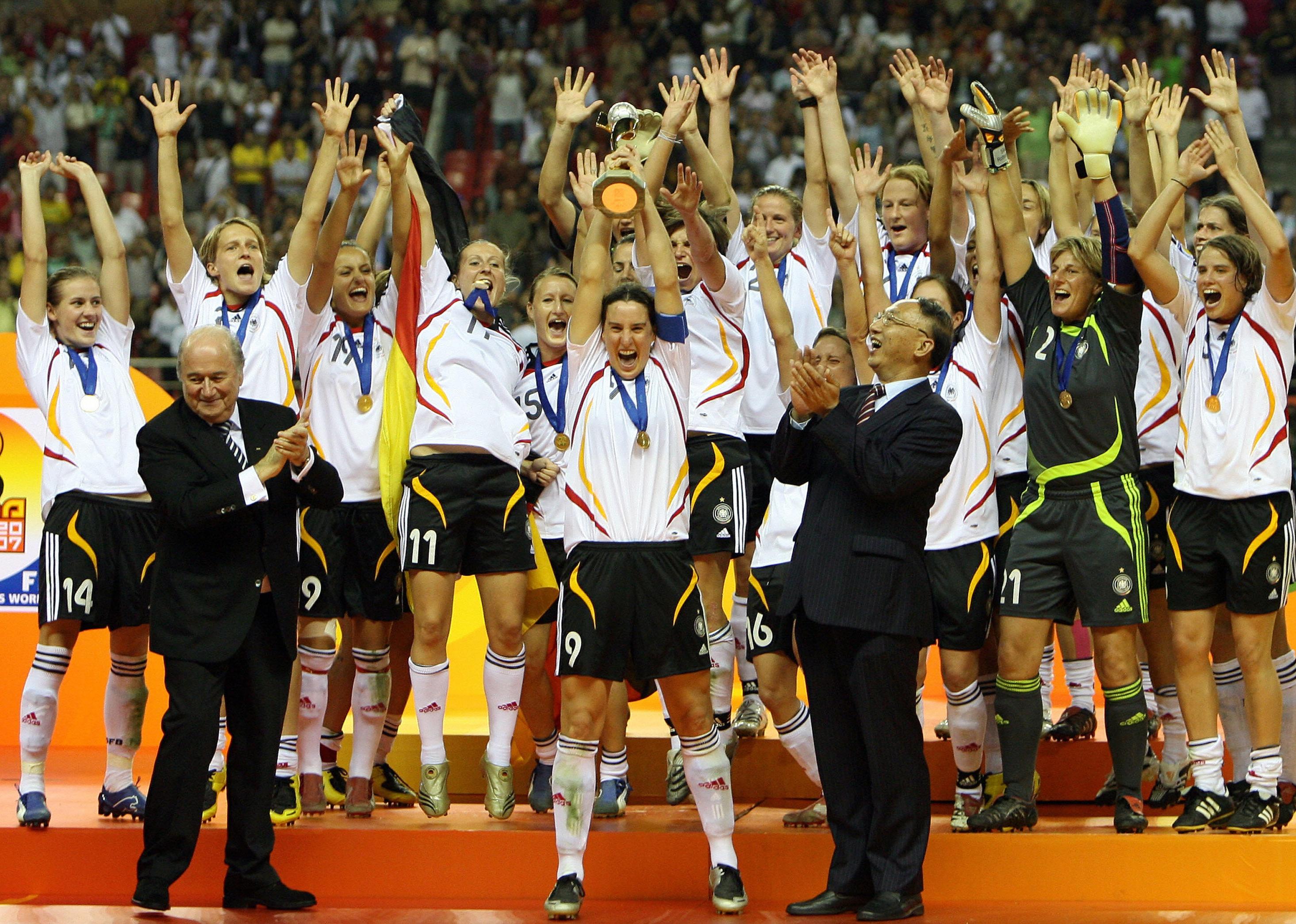 Germany's players celebrate winning the World Cup in 2007.