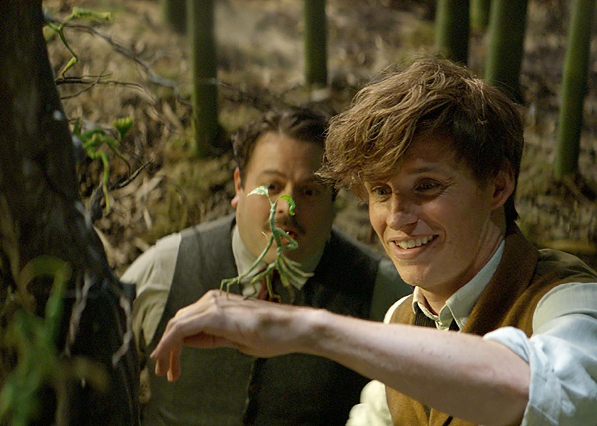 Eddie Redmayne holding a little plant character dancing on his hand.