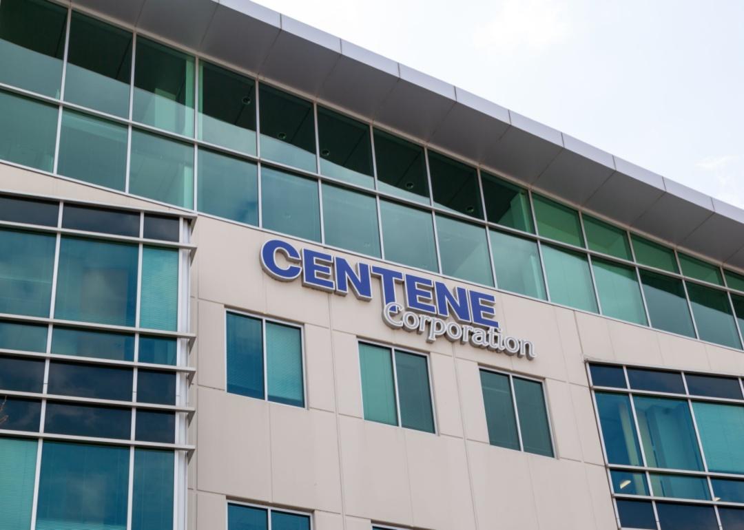 The exterior of a Centene building with a blue sign.