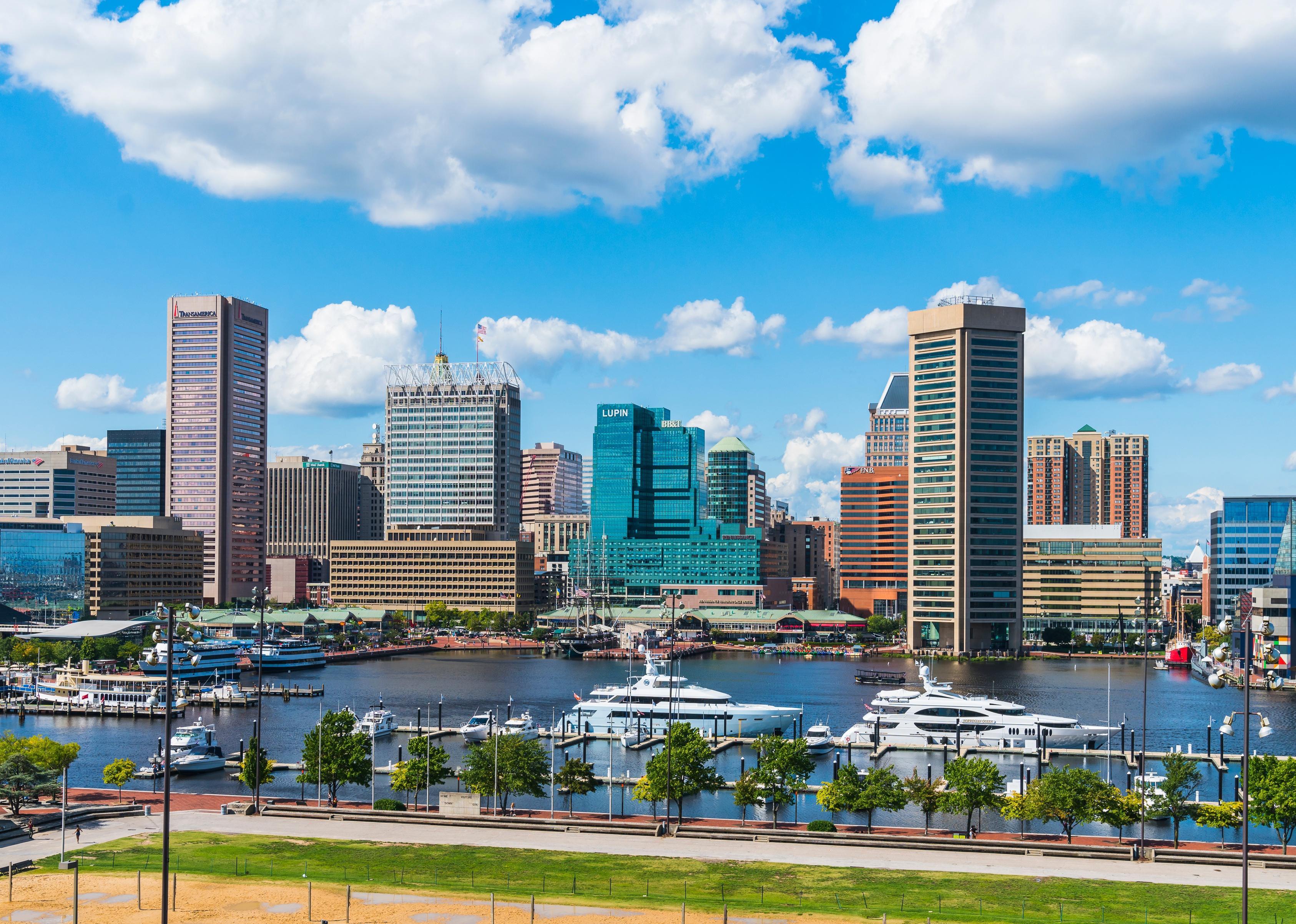 Aerial view of Baltimore's downtown and Inner Harbor.