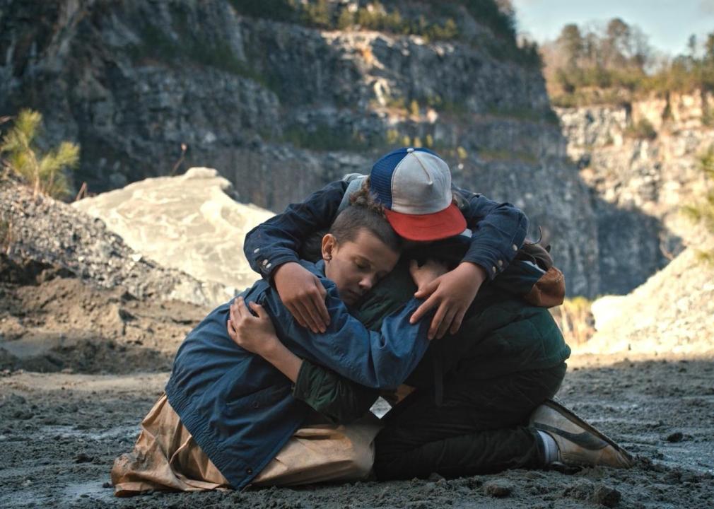 Millie Bobby Brown, Finn Wolfhard, and Gaten Matarazzo huddled at the foot of a cliff.