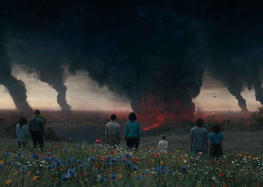 People stand on a hillside of wildflowers looking at everything burning in the distance.