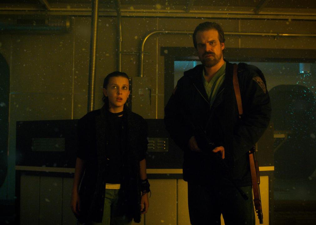 David Harbour and Millie Bobby Brown surrounded by particles in the air.
