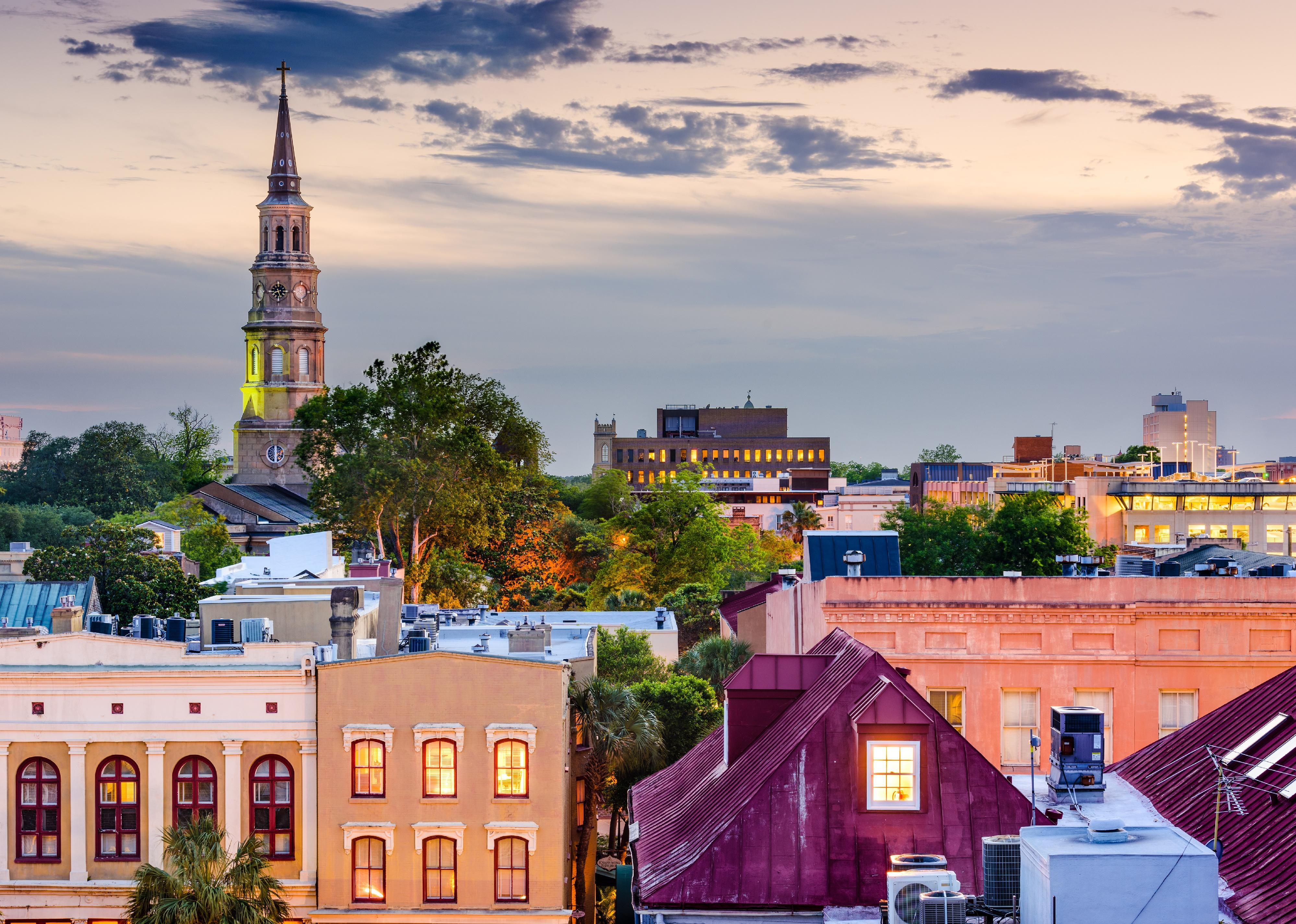 The steeple of St. Philip's Church towers over Charleston, South Carolina.