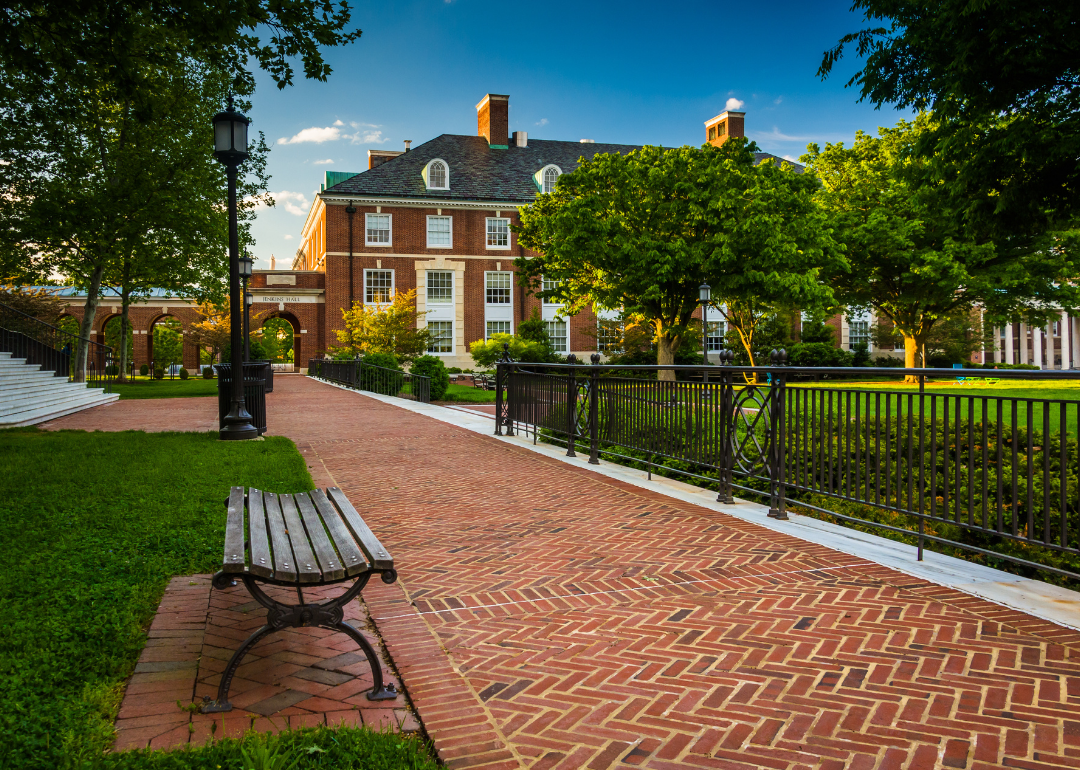 Brickk path and buildings on the campus of Johns Hopkins.