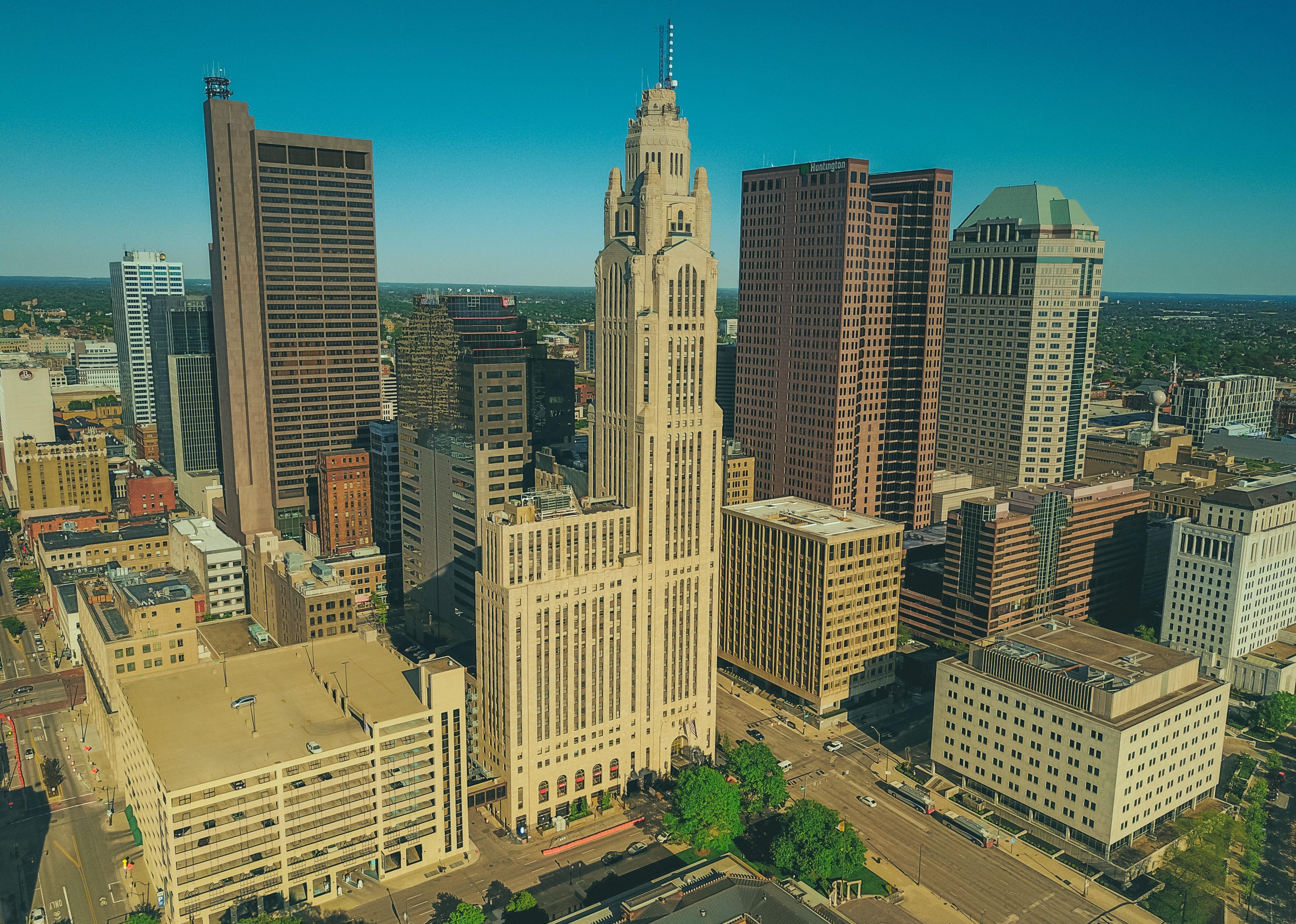 Downtown Columbus, Ohio, with blue skies overhead.