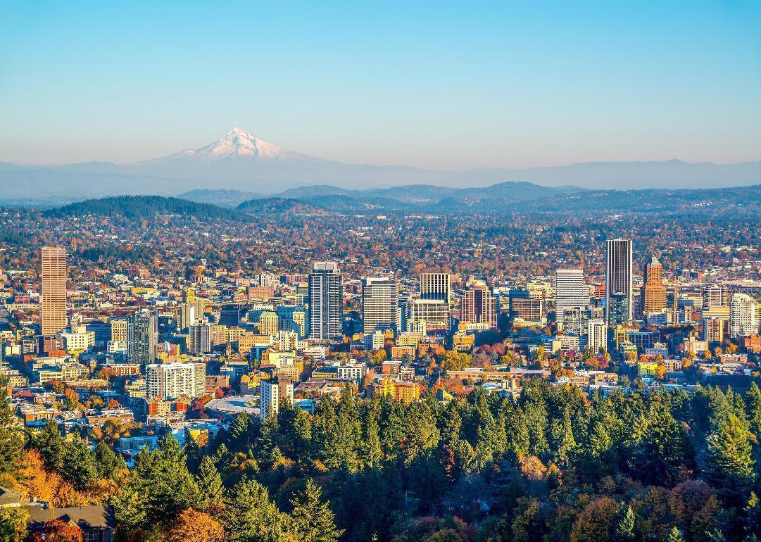 Aerial view of Portland, Oregon and Mt. Hood