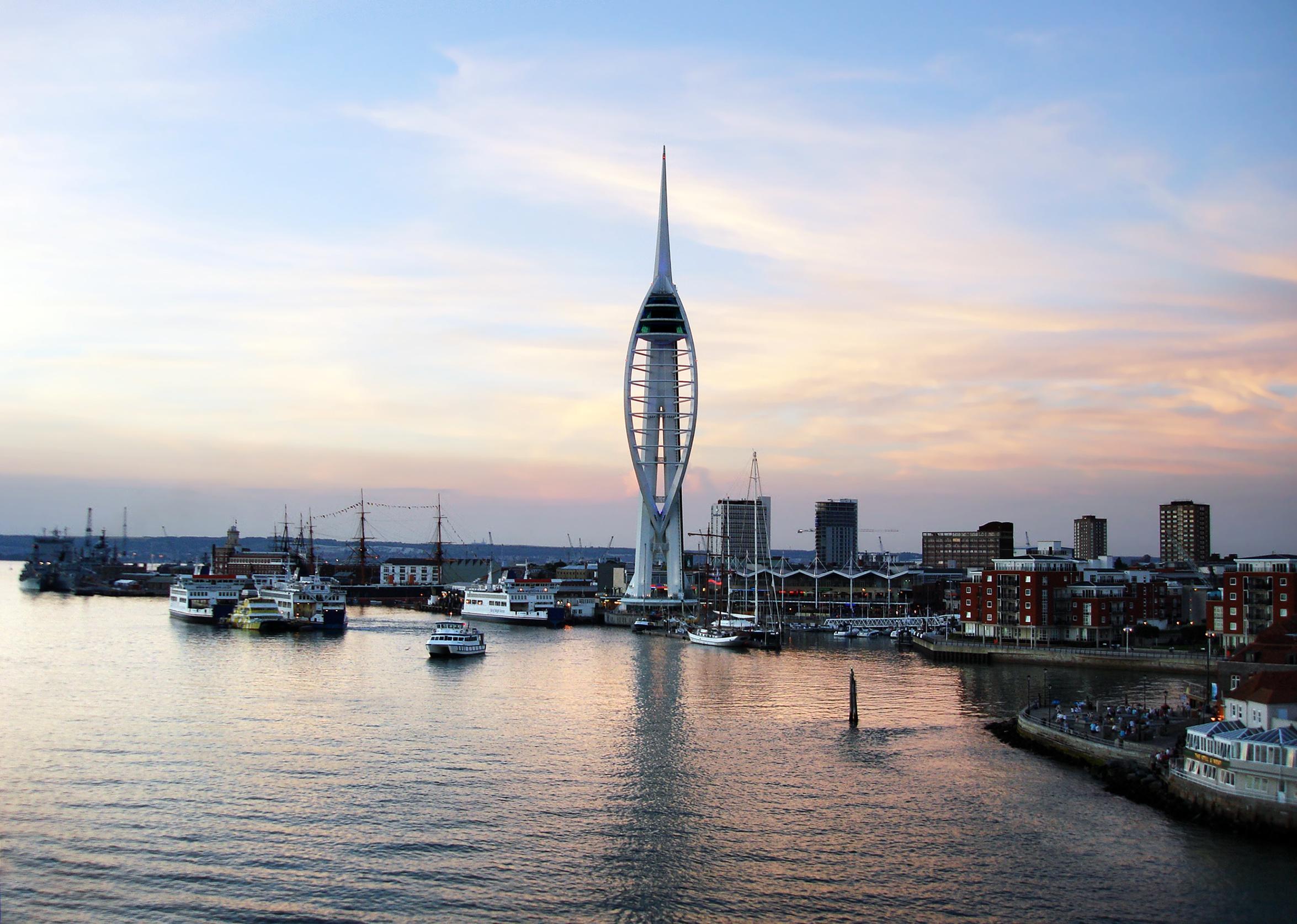 Aerial view of the Spinnaker Tower and Portsmouth's waterfront.