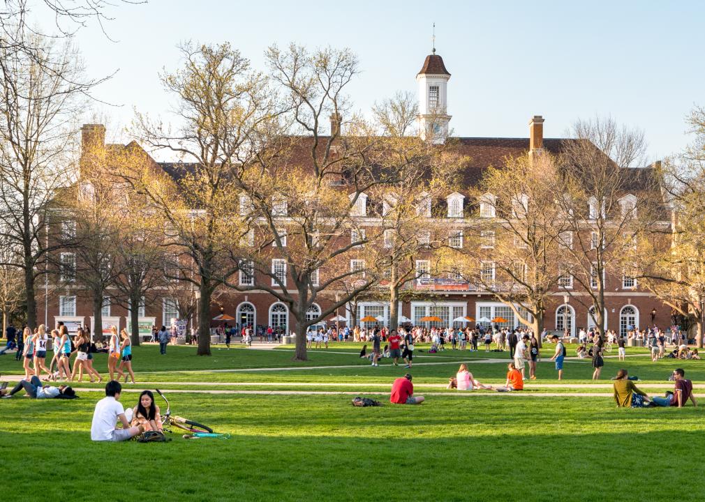 Students outside on Quad lawn on the University of Illinois campus