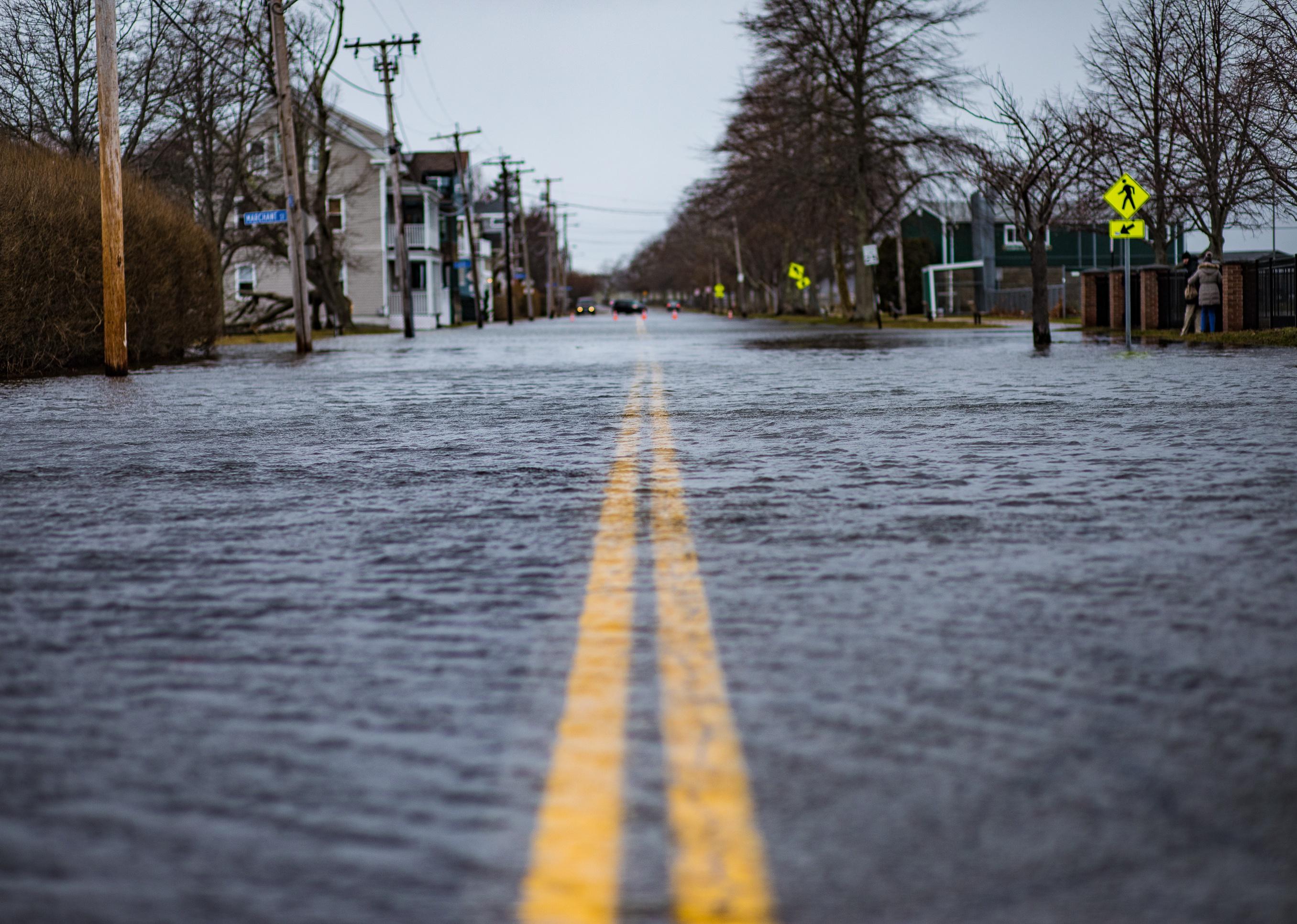 The flooded streets of Newport, Rhode Island after a storm.