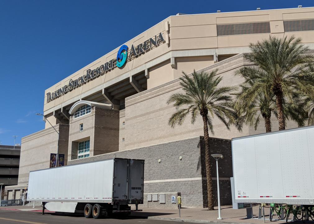 Arena with parked nearby trailers