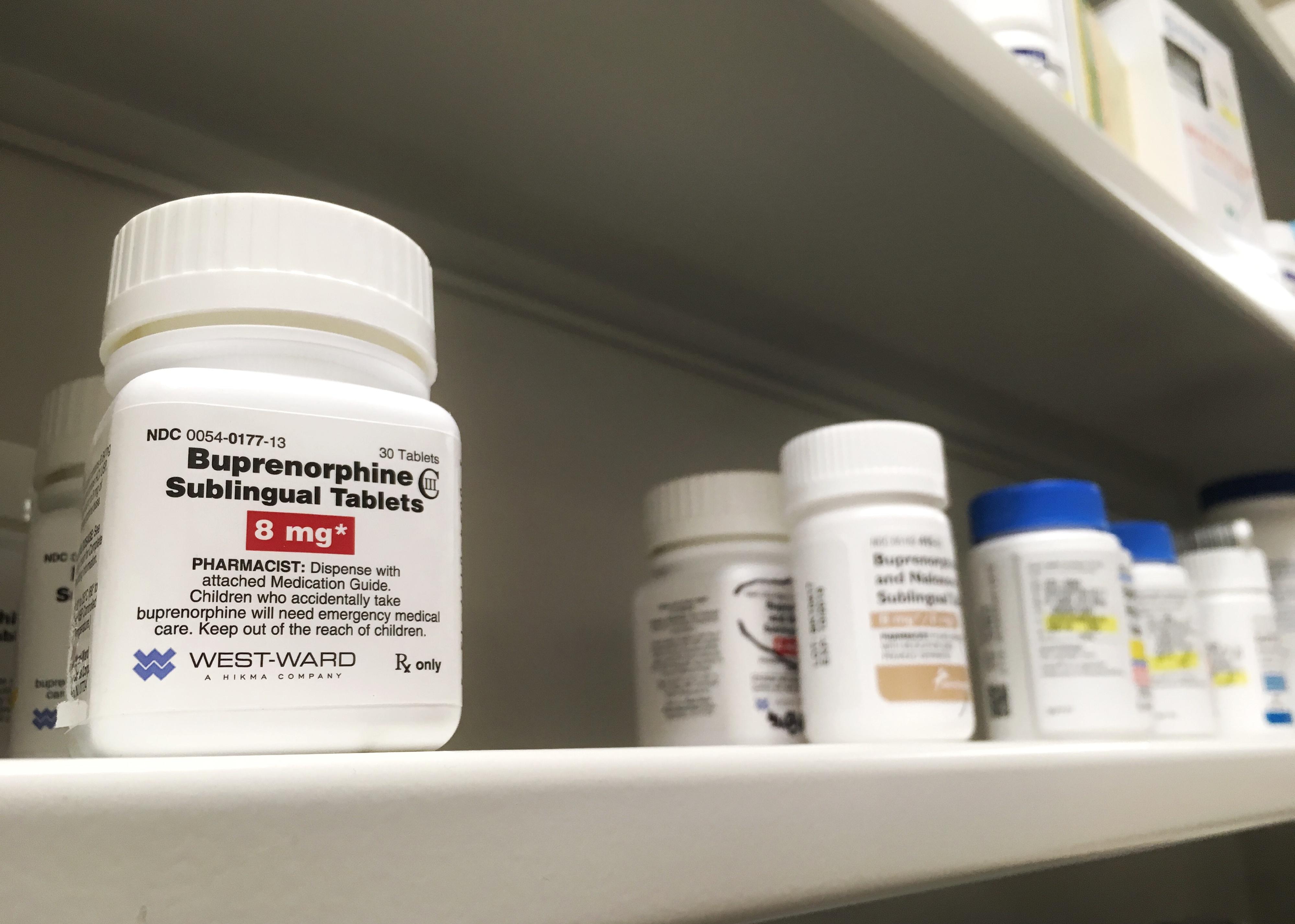 Buprenorphine bottle on shelf.