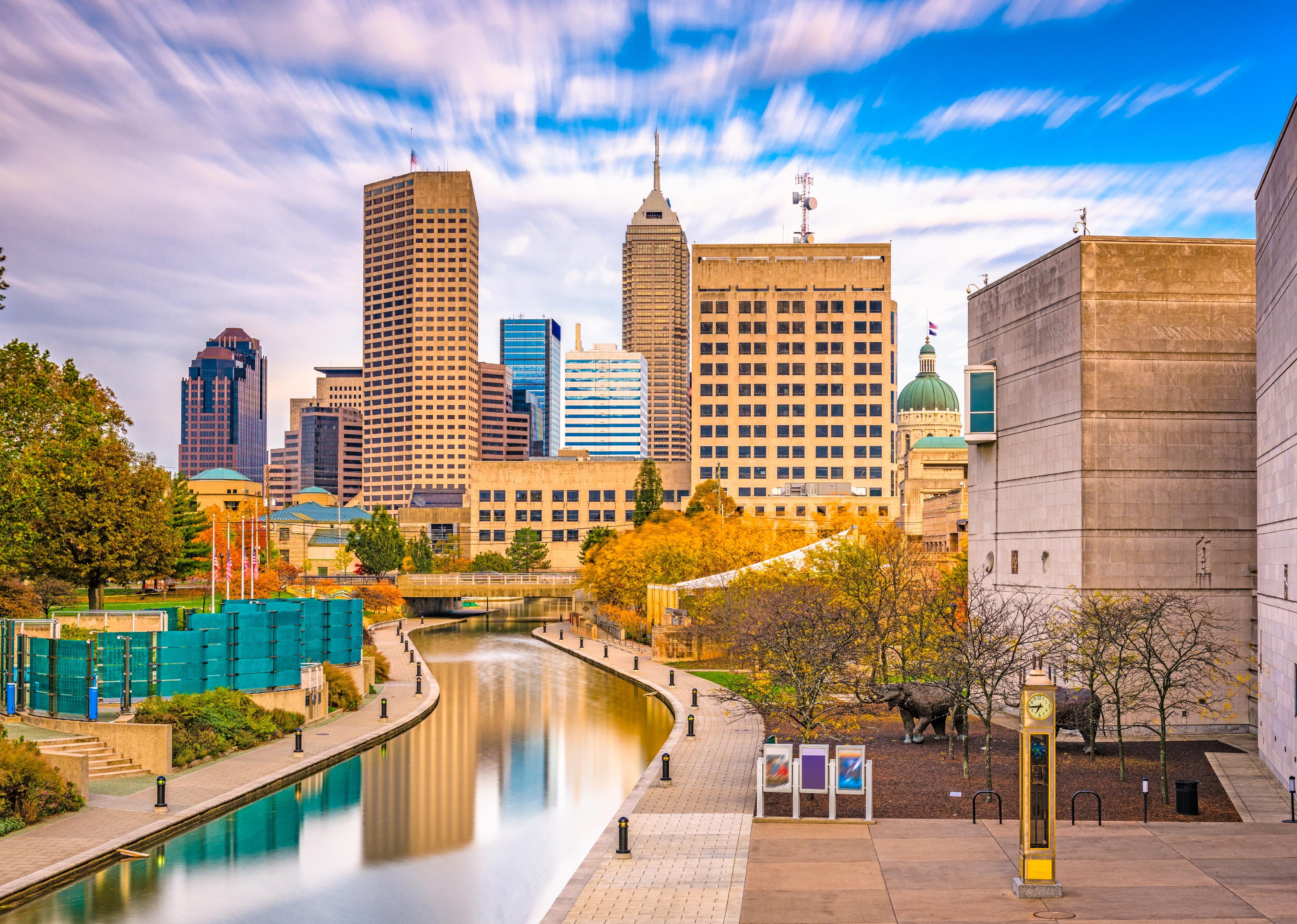 Indianapolis, Indiana downtown skyline over the river walk.