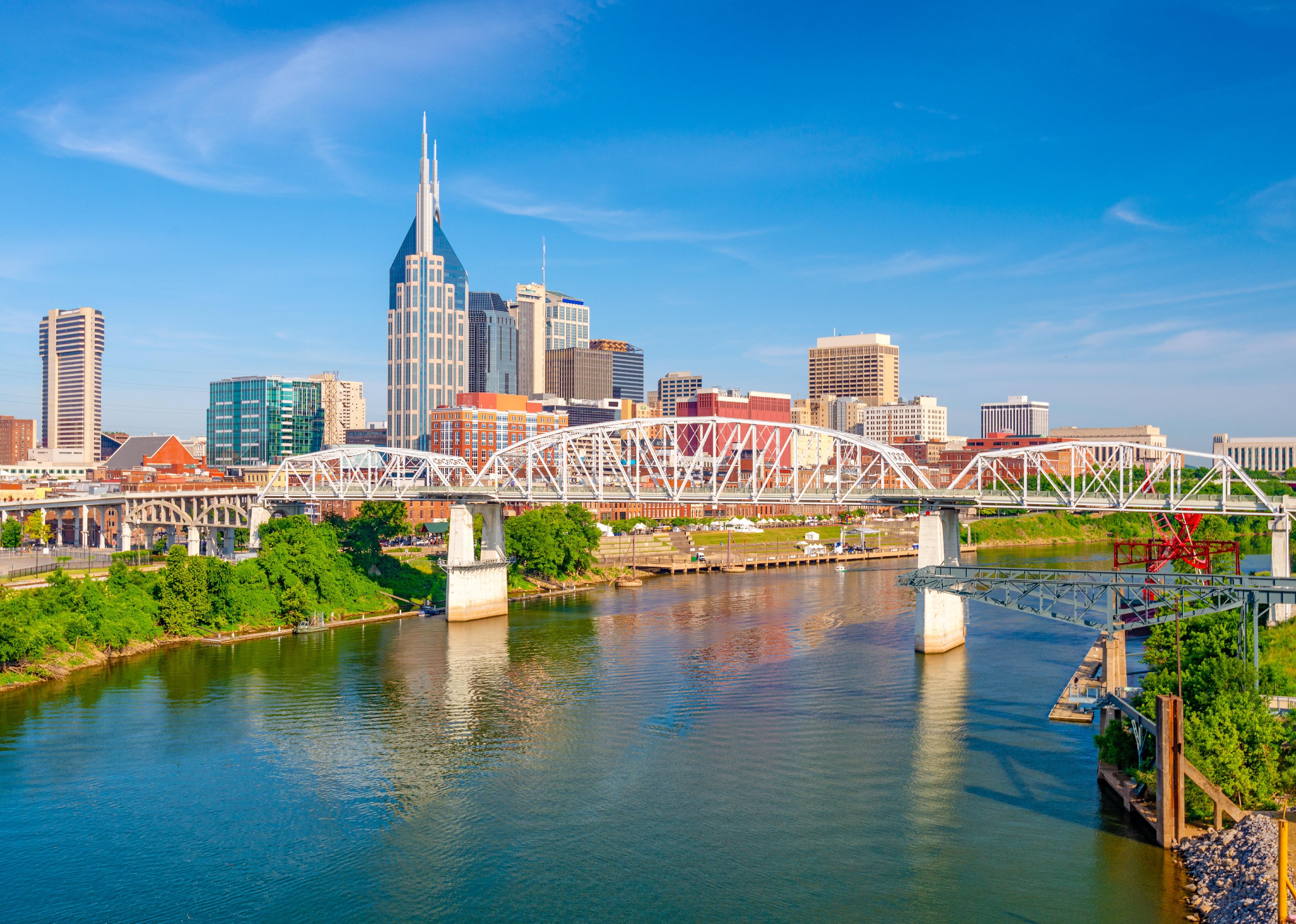 Nashville, Tennessee downtown city skyline on the Cumberland River
