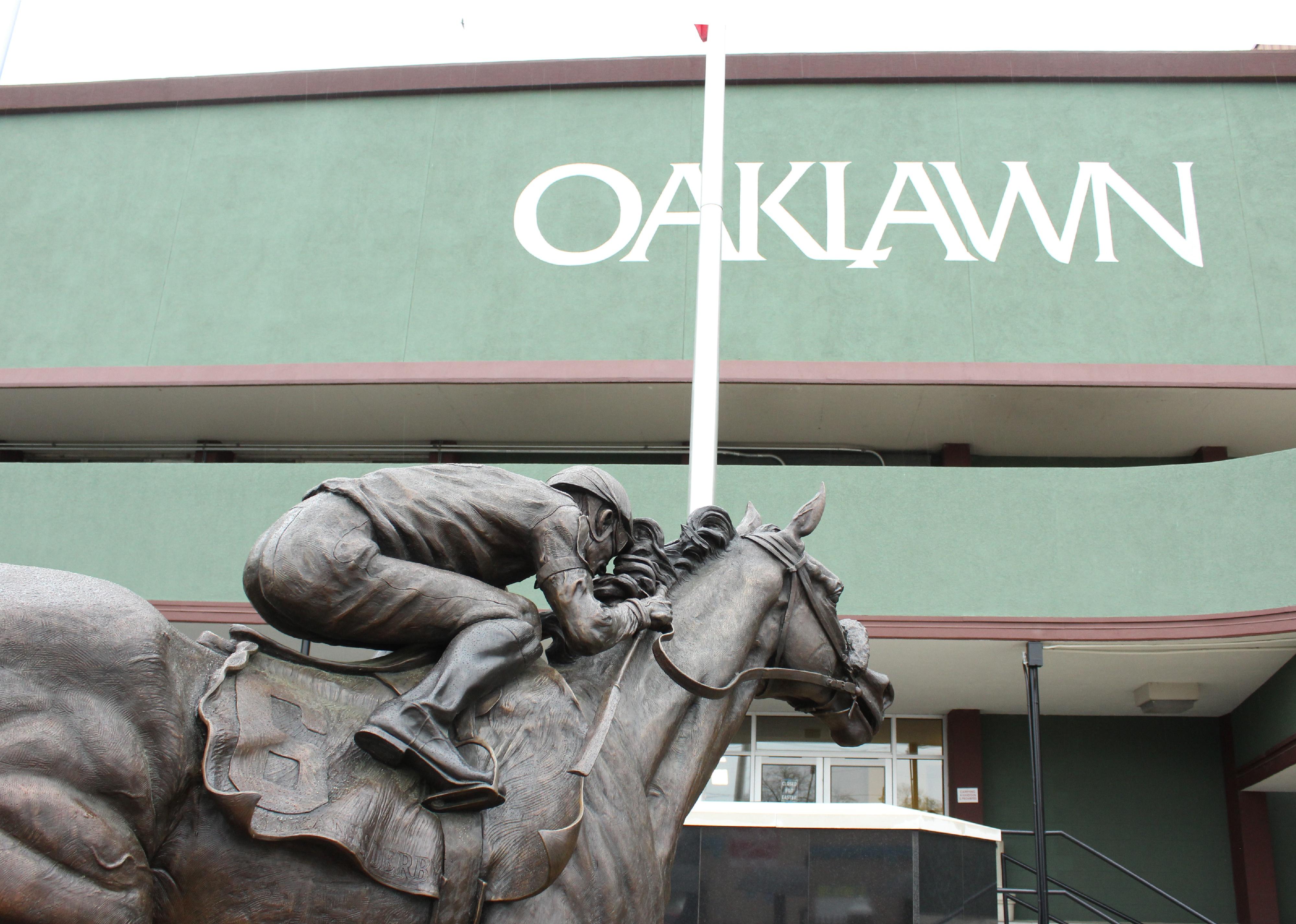 Statue of American Pharoah is at entrance to Oaklawn Park Racetrack and Casino.