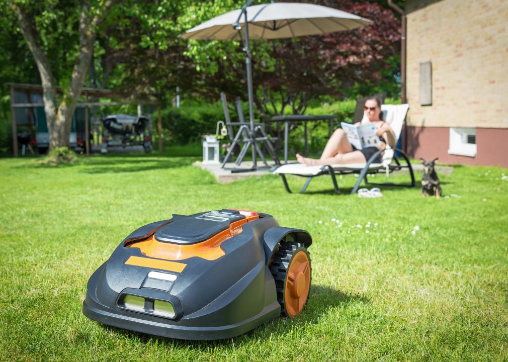 Automatic lawnmower in modern garden