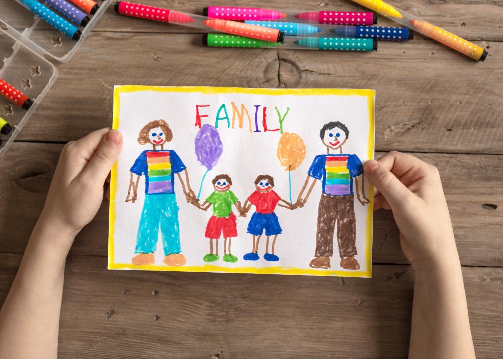 Close up of kid's hands holding children's drawing of a family