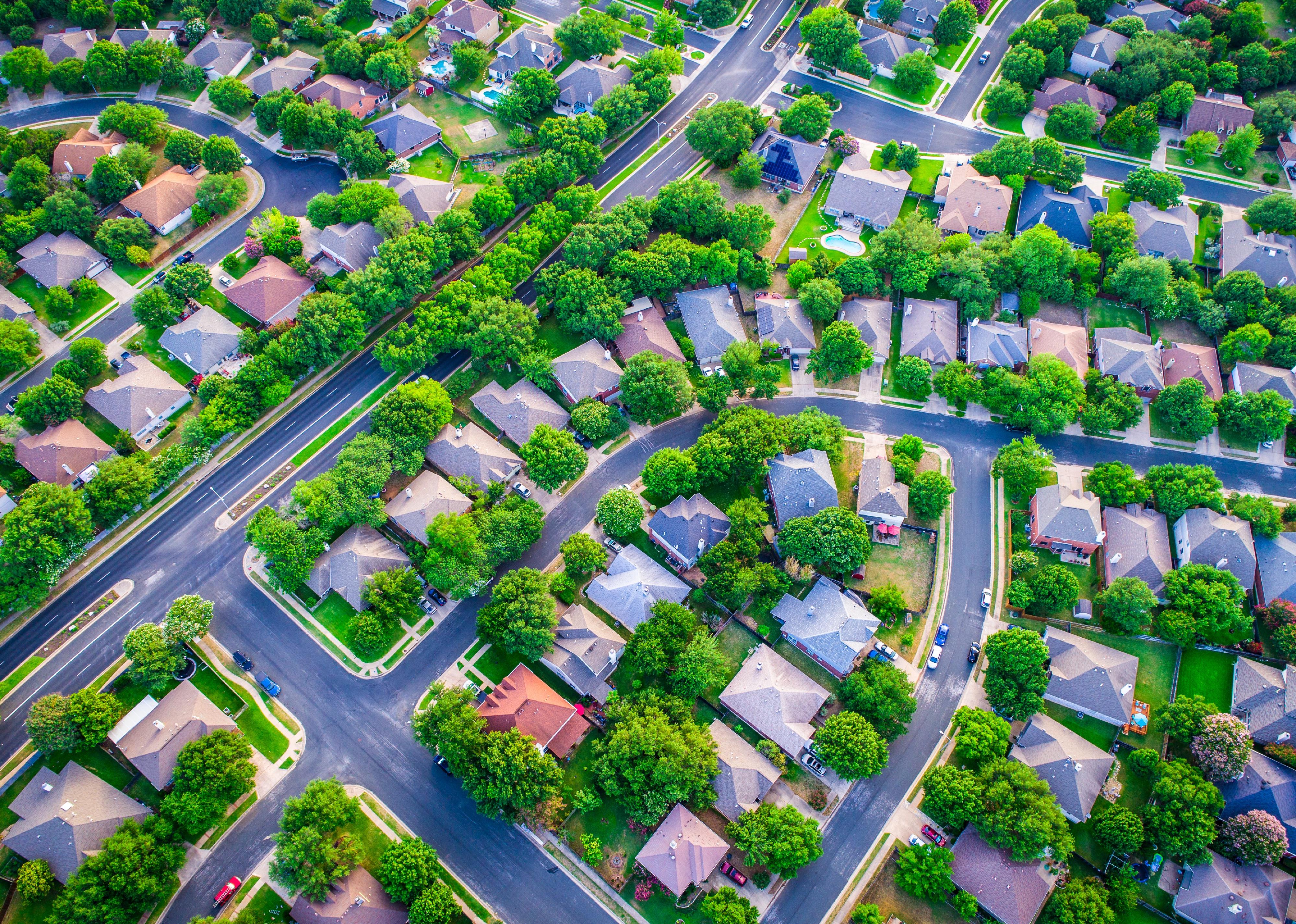 Aerial drone view of the Brushy Creek neighborhood in Austin suburb of Round Rock.