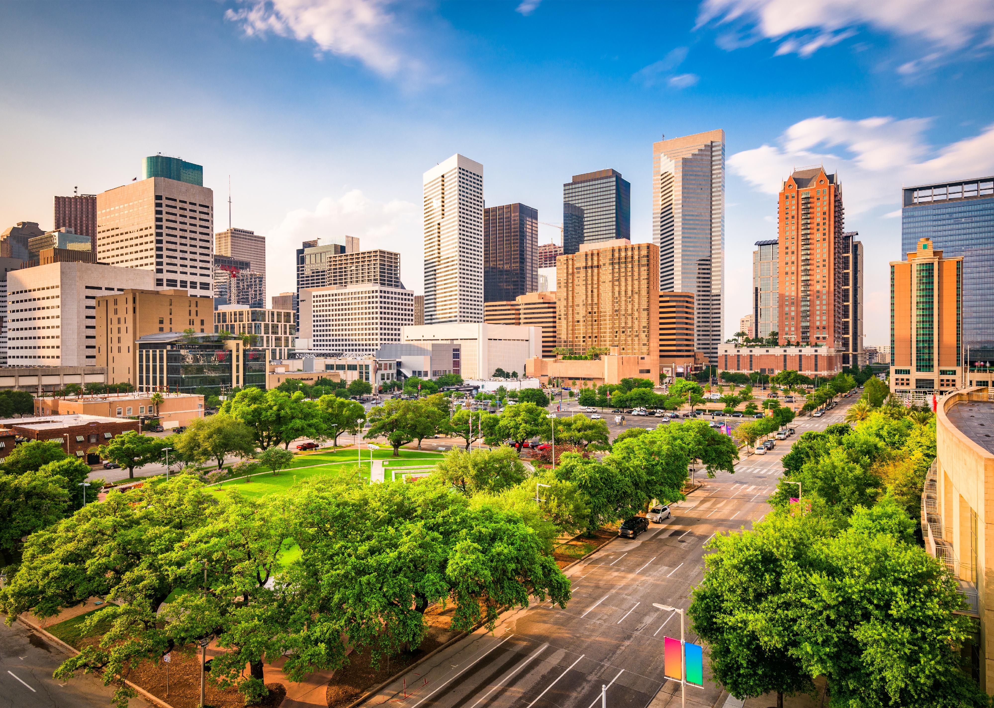 Houston downtown city skyline over Root Square.